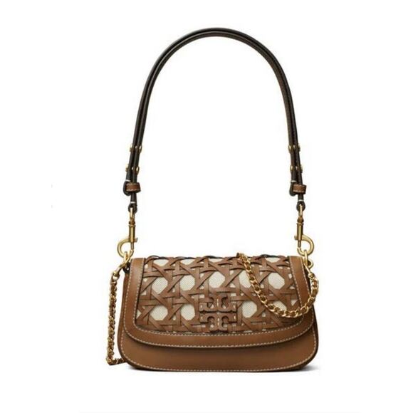 NEW NWT Tory Burch Britten Basketweave Convertible Crossbody Leather Suede Brown